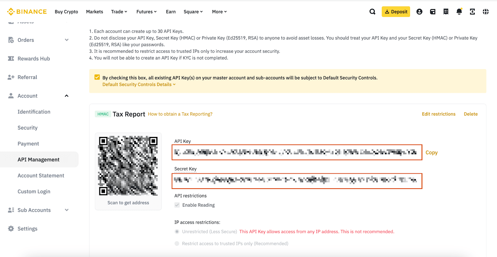 Binance Tax Report API keys 